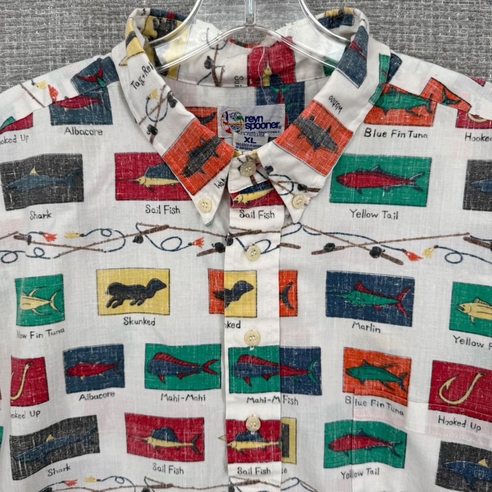 Vtg Reyn Spooner Sz L Fish Tuna Shark Hawaiian Ocean Tuna Skunked Popover Kloth